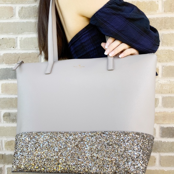 Gaby’sBags👜💕-Kate Spade Large Glitter Tote Gray - Picture 3 of 7